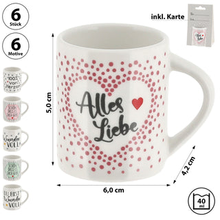 Minitasse 6er Set Sprüche Porzellan weiß bunt 40ml 6x5x4,2cm Tasse klein Becher Henkeltasse Espressotasse