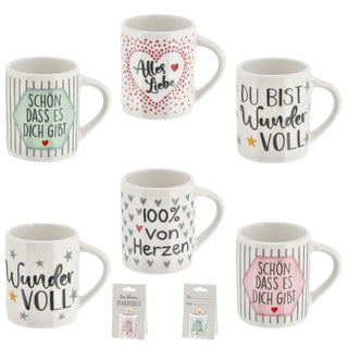 Minitasse 6er Set Sprüche Porzellan weiß bunt 40ml 6x5x4,2cm Tasse klein Becher Henkeltasse Espressotasse