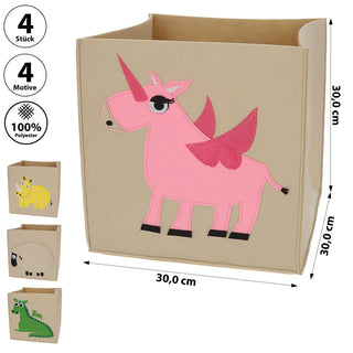 Aufbewahrungskorb Kids 4er Set 30x30x30cm Polyester-Filz naturfarben bunt 4 Motive Nashorn Drache Einhorn Schaf Spielzeugboxen