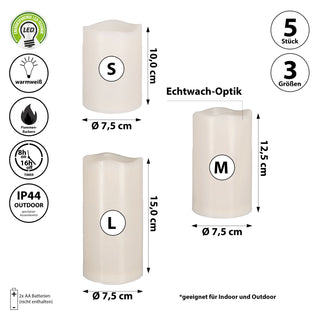 LED Kerzen Set 5er Set 3 Gößen Outdoor Kunststoff Echtwachsoptik warmweiß IP44 Flackerfunktion Timerfunktion batteriebetrieben