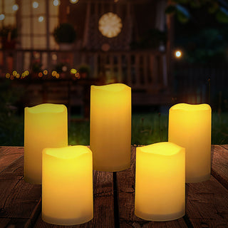 LED Kerzen Set 5er Set 3 Gößen Outdoor Kunststoff Echtwachsoptik warmweiß IP44 Flackerfunktion Timerfunktion batteriebetrieben