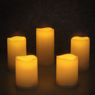 LED Kerzen Set 5er Set 3 Gößen Outdoor Kunststoff Echtwachsoptik warmweiß IP44 Flackerfunktion Timerfunktion batteriebetrieben