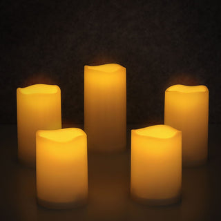 LED Kerzen Set 5er Set 3 Gößen Outdoor Kunststoff Echtwachsoptik warmweiß IP44 Flackerfunktion Timerfunktion batteriebetrieben