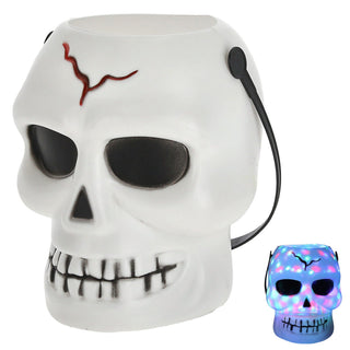 LED Party Licht Halloween Totenkopf 12x16x12cm Kunststoff weiß schwarz Sound bunt leuchtend rotierende LEDs Gruseldekoration