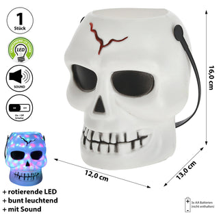LED Party Licht Halloween Totenkopf 12x16x12cm Kunststoff weiß schwarz Sound bunt leuchtend rotierende LEDs Gruseldekoration