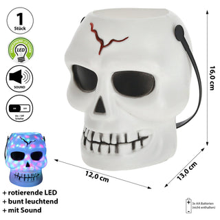 LED Party Licht Halloween Totenkopf 12x16x12cm Kunststoff weiß schwarz Sound bunt leuchtend rotierende LEDs Gruseldekoration