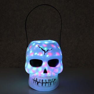 LED Party Licht Halloween Totenkopf 12x16x12cm Kunststoff weiß schwarz Sound bunt leuchtend rotierende LEDs Gruseldekoration