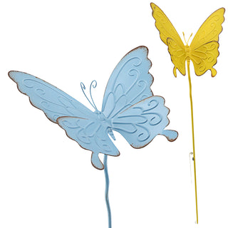 Gartenstecker Schmetterling 2er Set hellblau gelb 24x90cm Eisen Dekostecker Gartendekoration Beetstecker