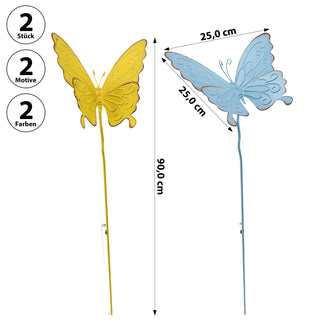 Gartenstecker Schmetterling 2er Set hellblau gelb 24x90cm Eisen Dekostecker Gartendekoration Beetstecker