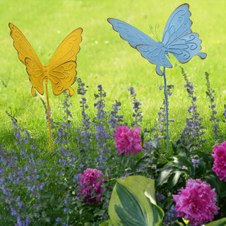 Gartenstecker Schmetterling 2er Set hellblau gelb 24x90cm Eisen Dekostecker Gartendekoration Beetstecker