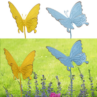 Gartenstecker Schmetterling 2er Set hellblau gelb 24x90cm Eisen Dekostecker Gartendekoration Beetstecker