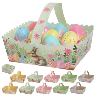Osterkorb mit Henkel 10er Set 17x5,5x15cm Papier bunt 350gsm Korb Körbchen Osterdeko 5 Ostermotive