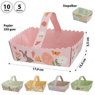 Osterkorb mit Henkel 10er Set 17x5,5x15cm Papier bunt 350gsm Korb Körbchen Osterdeko 5 Ostermotive