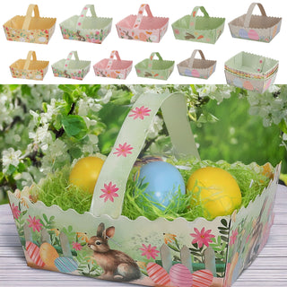 Osterkorb mit Henkel 10er Set 17x5,5x15cm Papier bunt 350gsm Korb Körbchen Osterdeko 5 Ostermotive