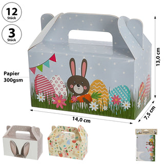 Osterbox mit Henkel 12er Set 14x13x7,5cm Papier 300gsm bunt Schachtel 3 Motive Osterdeko Geschenkbox