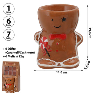 Duftlampen Set Lebkuchenmann Caramel Cashmere Duft 11x19x7cm braun rot Steingut Wachs Aromalampe Raumduft Teelicht Weihnachtsdeko