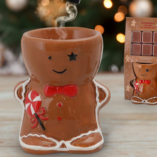 Duftlampen Set Lebkuchenmann Caramel Cashmere Duft 11x19x7cm braun rot Steingut Wachs Aromalampe Raumduft Teelicht Weihnachtsdeko