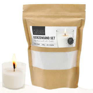 DIY Kerzensand mit 5 Dochte 250gr weiß 14x20x14cm Paraffinwachs Sandgranulat Kerzenwachs Pulver Wachs Granulat für Gläser und Dekogefäße