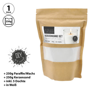 DIY Kerzensand mit 5 Dochte 250gr weiß 14x20x14cm Paraffinwachs Sandgranulat Kerzenwachs Pulver Wachs Granulat für Gläser und Dekogefäße