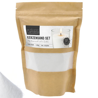 DIY Kerzensand mit 5 Dochte 250gr weiß 14x20x14cm Paraffinwachs Sandgranulat Kerzenwachs Pulver Wachs Granulat für Gläser und Dekogefäße