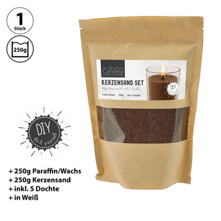 DIY Kerzensand mit 5 Dochten 250gr braun 14x20x14cm Paraffinwachs Sandgranulat Kerzenwachs Pulver Wachs Granulat für Gläser und Dekogefäße