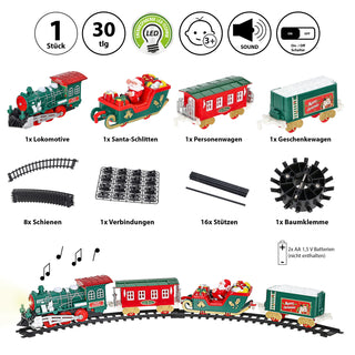 Weihnachtszug für Tannenbaum Ø80cm Kunststoff Licht Sound Lokomotive 3 Waggons batteriebetrieben