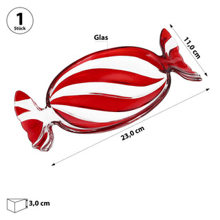 Dekoteller 'Bonbon' Glas weiß rot 23x3x11cm Teller Bonbonform Teller Candyteller Servierteller Schale Weihnachtsdeko