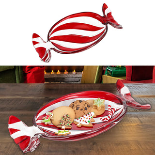 Dekoteller 'Bonbon' Glas weiß rot 23x3x11cm Teller Bonbonform Teller Candyteller Servierteller Schale Weihnachtsdeko