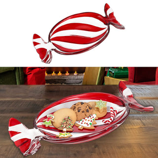 Dekoteller 'Bonbon' Glas weiß rot 23x3x11cm Teller Bonbonform Teller Candyteller Servierteller Schale Weihnachtsdeko