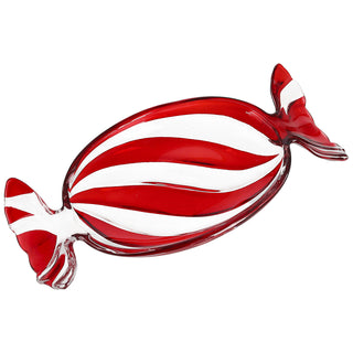 Dekoteller 'Bonbon' Glas weiß rot 23x3x11cm Teller Bonbonform Teller Candyteller Servierteller Schale Weihnachtsdeko