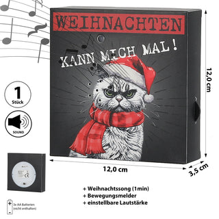 Soundbox 'XMas CAT' Bewegungsmelder 12x12x3,5cm Papier batteriebetrieben Lautstärke regulierbar Katze im Nikolauskostüm Weihnachtsmusik