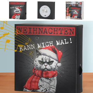 Soundbox 'XMas CAT' Bewegungsmelder 12x12x3,5cm Papier batteriebetrieben Lautstärke regulierbar Katze im Nikolauskostüm Weihnachtsmusik