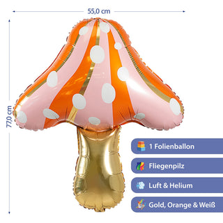 Folienballon Fliegenpilz 55x77cm gold rosa orange Kunststoff Ballon Riesenpilz Partydeko Herbstdekoration Mottoparty Heliumballon