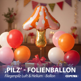 Folienballon Fliegenpilz 55x77cm gold rosa orange Kunststoff Ballon Riesenpilz Partydeko Herbstdekoration Mottoparty Heliumballon