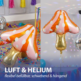 Folienballon Fliegenpilz 55x77cm gold rosa orange Kunststoff Ballon Riesenpilz Partydeko Herbstdekoration Mottoparty Heliumballon