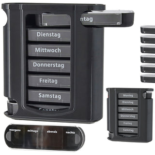 Pillenbox 'Deluxe' 7 Tage schwarz Kunststoff 11,5x13x4,3cm Beschriftung Wochentage Tageszeit Tablettenbox einzeln herausziehbar Pillendose Tablettendose
