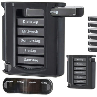 Pillenbox 'Deluxe' 7 Tage schwarz Kunststoff 11,5x13x4,3cm Beschriftung Wochentage Tageszeit Tablettenbox einzeln herausziehbar Pillendose Tablettendose
