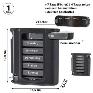 Pillenbox 'Deluxe' 7 Tage schwarz Kunststoff 11,5x13x4,3cm Beschriftung Wochentage Tageszeit Tablettenbox einzeln herausziehbar Pillendose Tablettendose