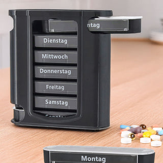 Pillenbox 'Deluxe' 7 Tage schwarz Kunststoff 11,5x13x4,3cm Beschriftung Wochentage Tageszeit Tablettenbox einzeln herausziehbar Pillendose Tablettendose