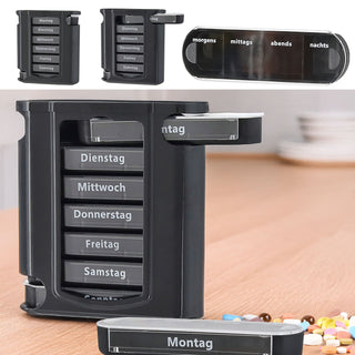 Pillenbox 'Deluxe' 7 Tage schwarz Kunststoff 11,5x13x4,3cm Beschriftung Wochentage Tageszeit Tablettenbox einzeln herausziehbar Pillendose Tablettendose