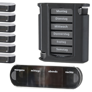 Pillenbox 'Deluxe' 7 Tage schwarz Kunststoff 11,5x13x4,3cm Beschriftung Wochentage Tageszeit Tablettenbox einzeln herausziehbar Pillendose Tablettendose