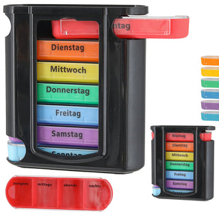 Pillenbox 'Deluxe' 7 Tage Regenbogenfarben schwarz Kunststoff 11,5x13x4,3cm Beschriftung Wochentage Tageszeit Tablettenbox einzeln herausziehbar Pillendose Tablettendose