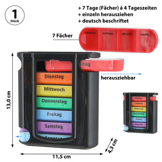 Pillenbox 'Deluxe' 7 Tage Regenbogenfarben schwarz Kunststoff 11,5x13x4,3cm Beschriftung Wochentage Tageszeit Tablettenbox einzeln herausziehbar Pillendose Tablettendose