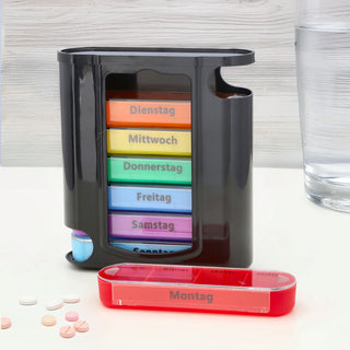 Pillenbox 'Deluxe' 7 Tage Regenbogenfarben schwarz Kunststoff 11,5x13x4,3cm Beschriftung Wochentage Tageszeit Tablettenbox einzeln herausziehbar Pillendose Tablettendose