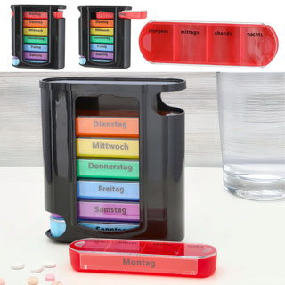 Pillenbox 'Deluxe' 7 Tage Regenbogenfarben schwarz Kunststoff 11,5x13x4,3cm Beschriftung Wochentage Tageszeit Tablettenbox einzeln herausziehbar Pillendose Tablettendose