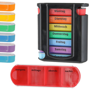 Pillenbox 'Deluxe' 7 Tage Regenbogenfarben schwarz Kunststoff 11,5x13x4,3cm Beschriftung Wochentage Tageszeit Tablettenbox einzeln herausziehbar Pillendose Tablettendose