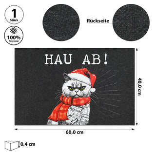 Fussmatte XMAS CAT 'Hau ab!' Weihnachtsmotiv Filz 60x40x0,4cm Schutzfangmatte Katze im Nikolauskostüm Weihnachten Türmatte