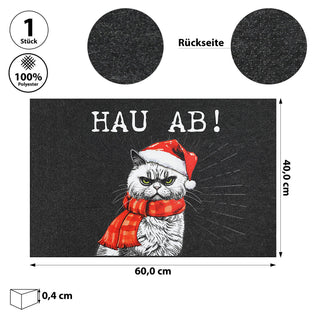 Fussmatte XMAS CAT 'Hau ab!' Weihnachtsmotiv Filz 60x40x0,4cm Schutzfangmatte Katze im Nikolauskostüm Weihnachten Türmatte