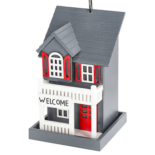 Vogelhaus zum Aufhängen 'Welcome' 12x19cm blau/grau rot MDF Häuschen Nistkasten Vogelkasten Veranda Balkon Futterstation