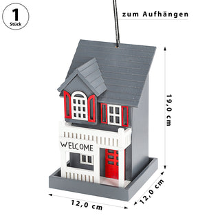 Vogelhaus zum Aufhängen 'Welcome' 12x19cm blau/grau rot MDF Häuschen Nistkasten Vogelkasten Veranda Balkon Futterstation